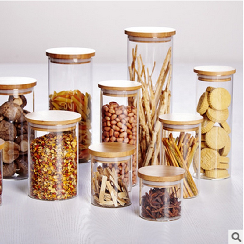 custom shape airtight bamboo lid bulk empty glass storage spice jar