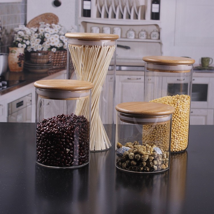 custom shape airtight bamboo lid bulk empty glass storage spice jar