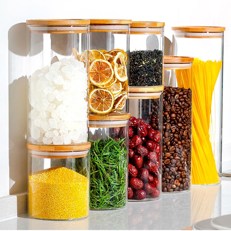 custom shape airtight bamboo lid bulk empty glass storage spice jar