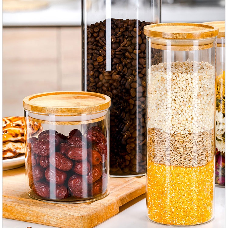 custom shape airtight bamboo lid bulk empty glass storage spice jar