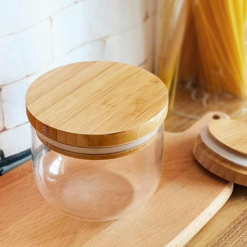 custom size round bottom glass jar with bamboo wood lid