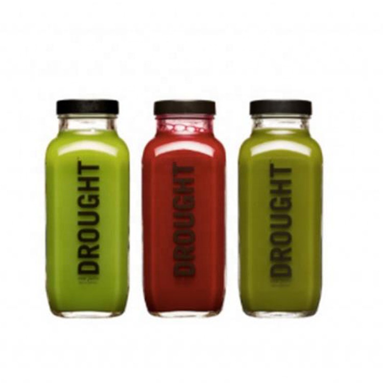 customize 250ml 300ml 350ml 500ml french square juice glass bottle with plastic black lids for kombucha homemade drinks tea milk