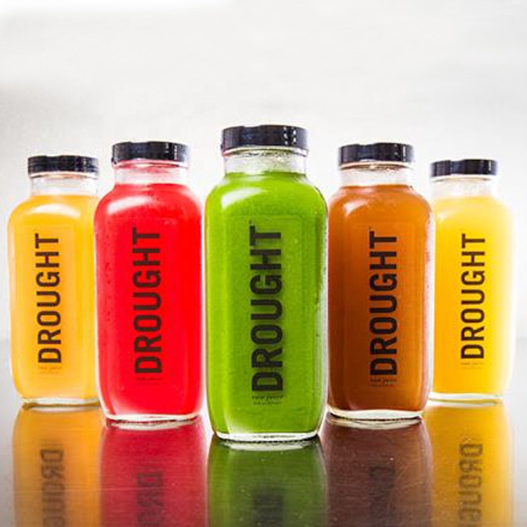 customize 250ml 300ml 350ml 500ml french square juice glass bottle with plastic black lids for kombucha homemade drinks tea milk
