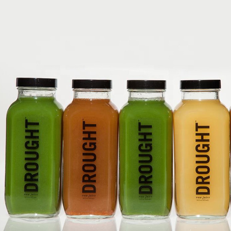 customize 250ml 300ml 350ml 500ml french square juice glass bottle with plastic black lids for kombucha homemade drinks tea milk