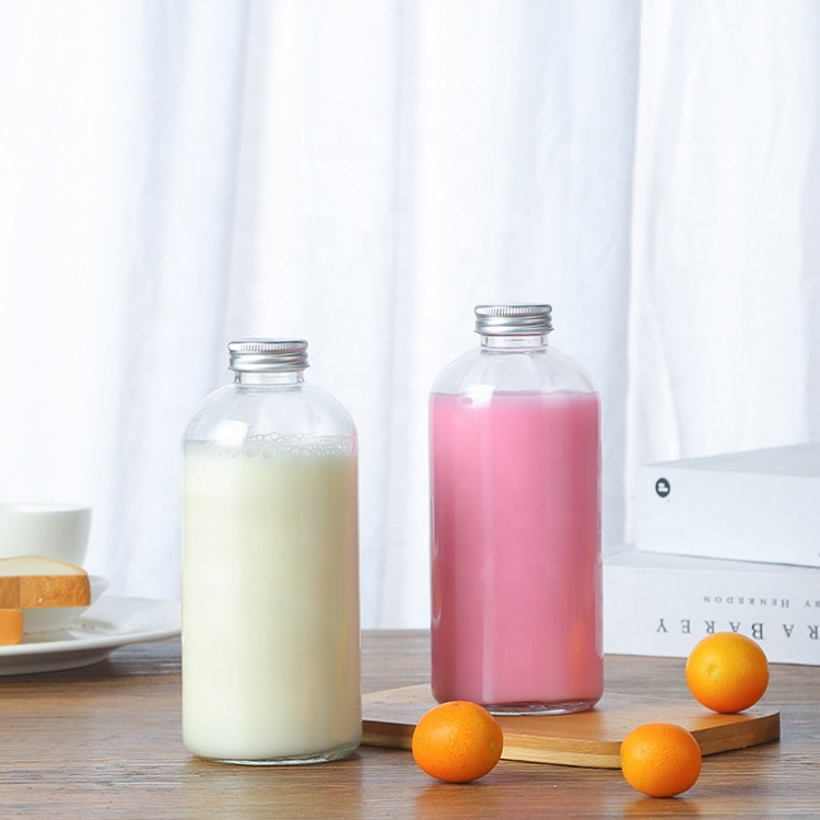 customize stocked 12oz 8oz 16oz clear boston round bottle 250ml 500ml 350ml clear juice glass bottle with aluminum lid for tea