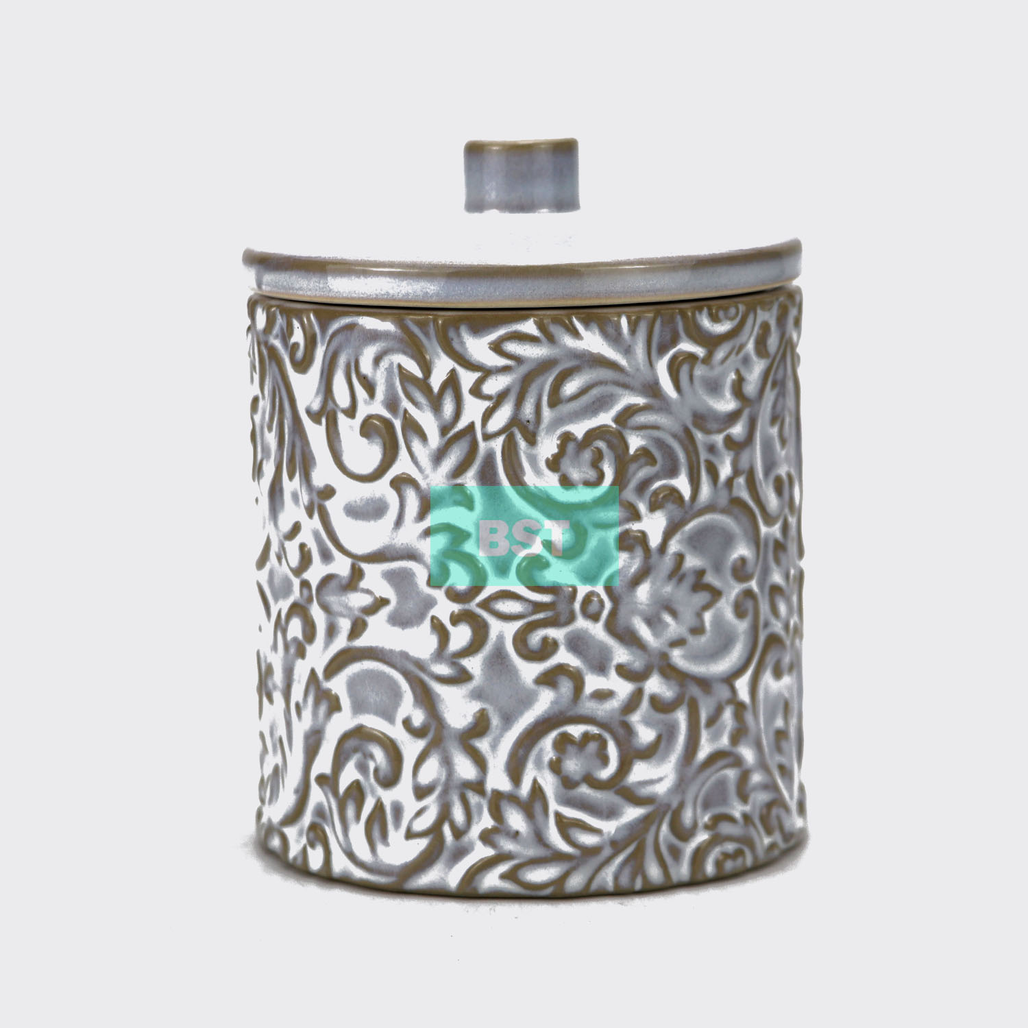 customize unique design embossed ceramic storage jar with lid for bathroom or bedroom