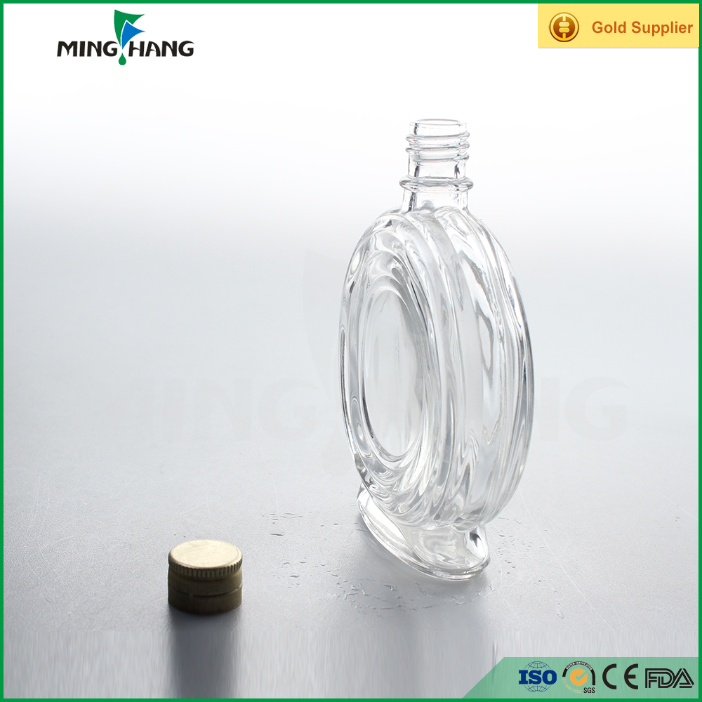 customized 180 ml blue ice decanter bulk empty mini flat round shape glass clear wine bottle