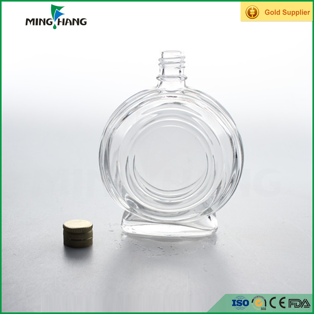 customized 180 ml blue ice decanter bulk empty mini flat round shape glass clear wine bottle