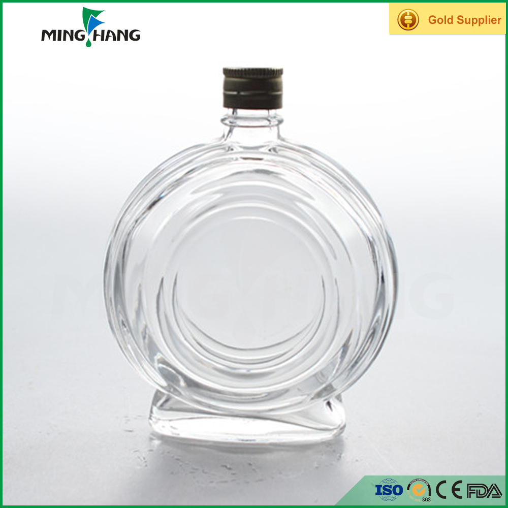 customized 180 ml blue ice decanter bulk empty mini flat round shape glass clear wine bottle