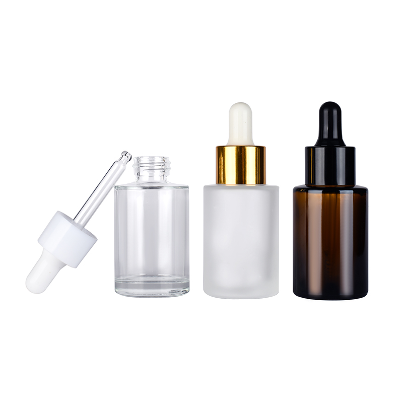customized 20ml 30ml 50ml 60ml 100ml essential oil serum flat shoulder amber frosted clear glass dropper bottle