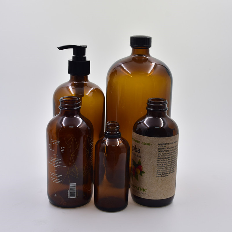 customized printing 8oz 16oz 120ml 230ml 480ml 1000ml amber boston round glass bottle For Essential Oils with trigger spray pump