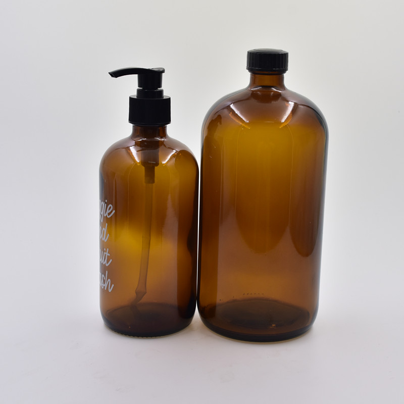 customized printing 8oz 16oz 120ml 230ml 480ml 1000ml amber boston round glass bottle For Essential Oils with trigger spray pump