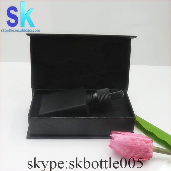 customs logo printing rectangle square 30ml matte black essential oil eliquid glass dropper bottle box