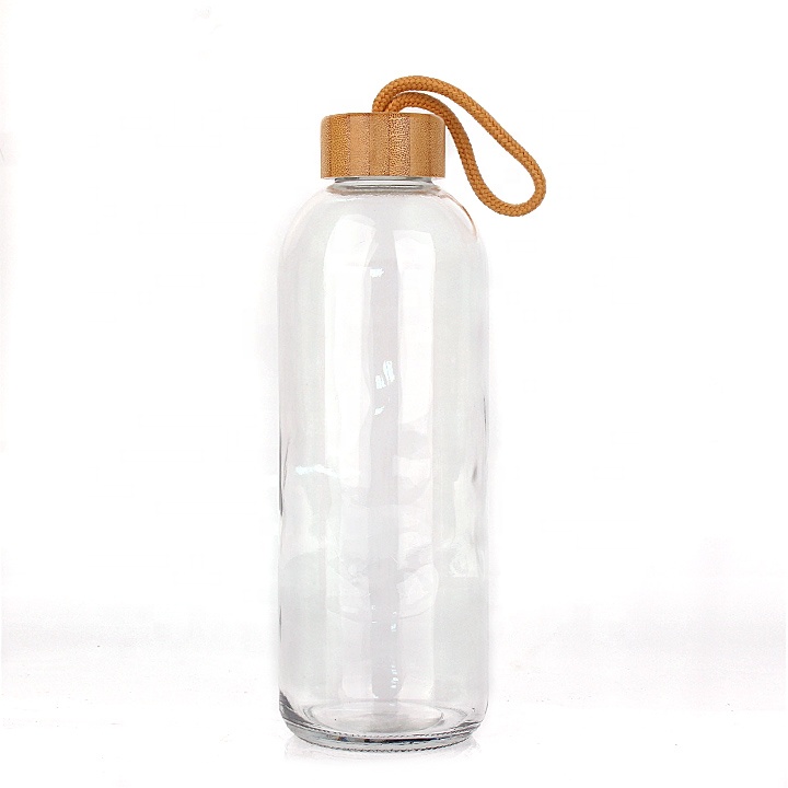 cylinder glass water bottle with bamboo lid 1000ml