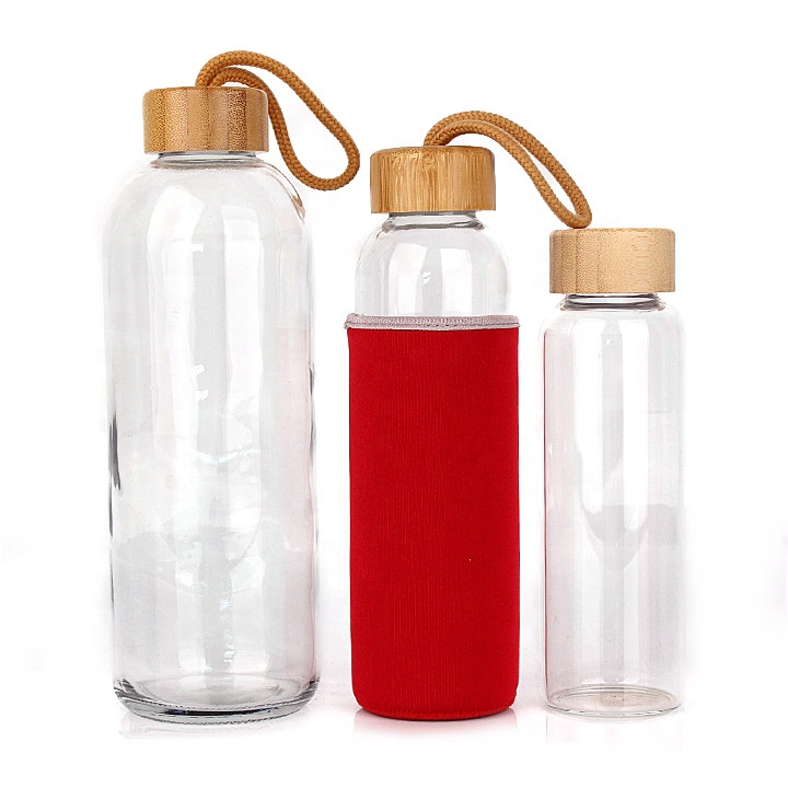 cylinder glass water bottle with bamboo lid 1000ml