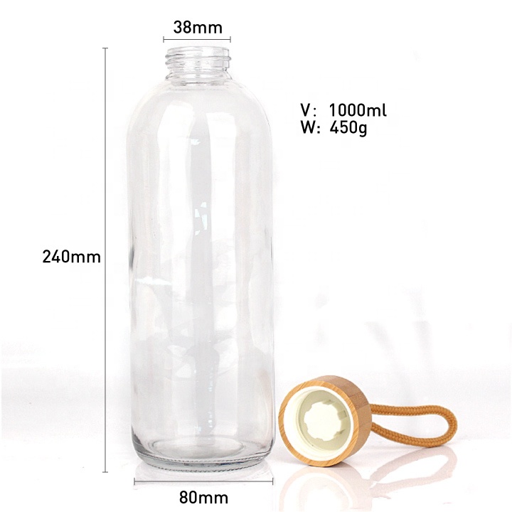 cylinder glass water bottle with bamboo lid 1000ml