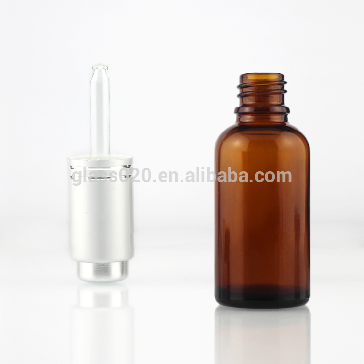 dark amber brown facial oil glass bottle 1oz with matte silver press dropper pump