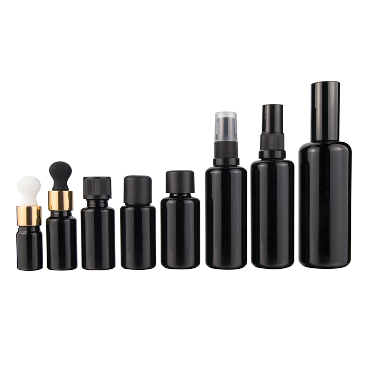 dark violet glass cosmetic jar and bottle,lotion bottle set, makeup cosmetic bottle matte black luxury cosmetic packaging