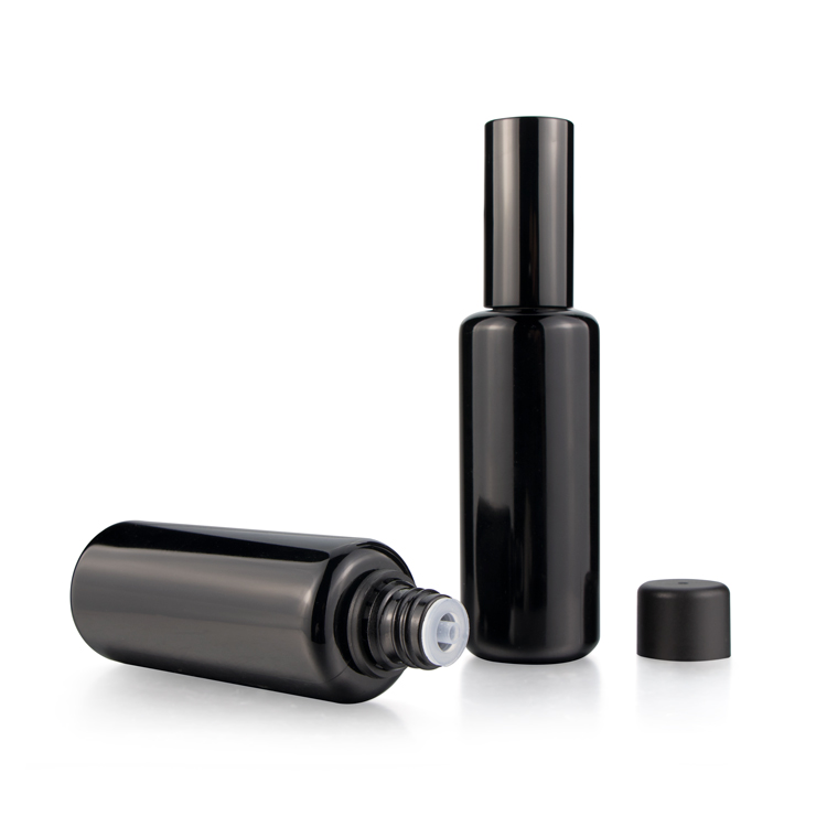 dark violet glass cosmetic jar and bottle,lotion bottle set, makeup cosmetic bottle matte black luxury cosmetic packaging