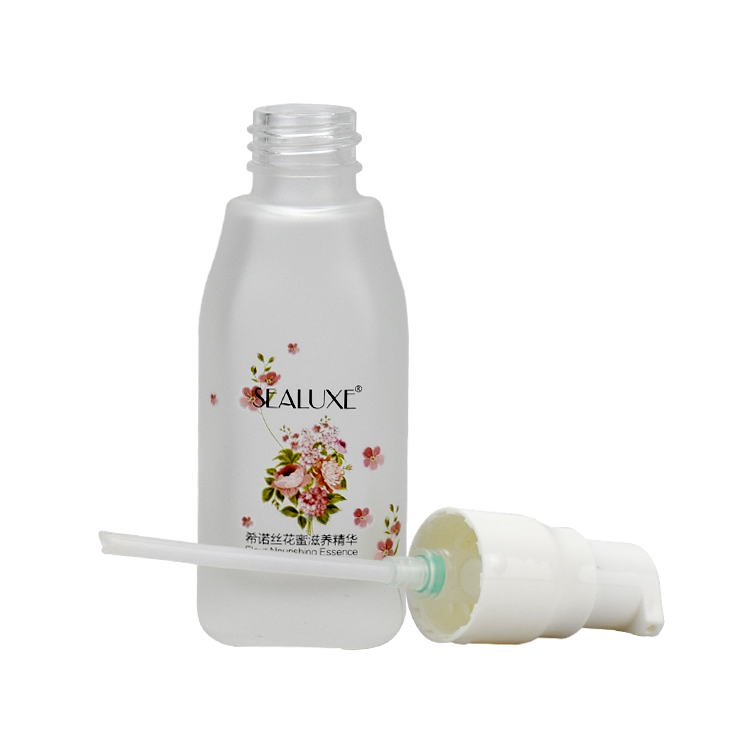 decal printing clear frosted glass 40ml 100ml 120ml face hair lotion pump bottle with slopping shoulder