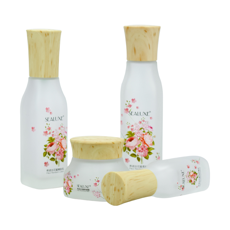 decal printing clear frosted glass 40ml 100ml 120ml face hair lotion pump bottle with slopping shoulder