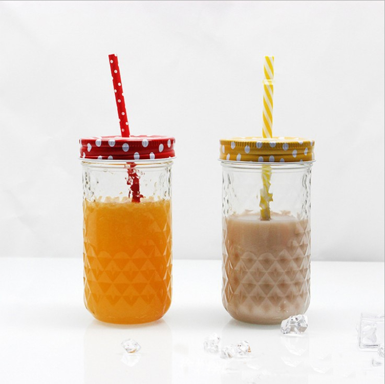 diamond pattern mason jar for coffee glass jar juice drinking jar with straw 500ml