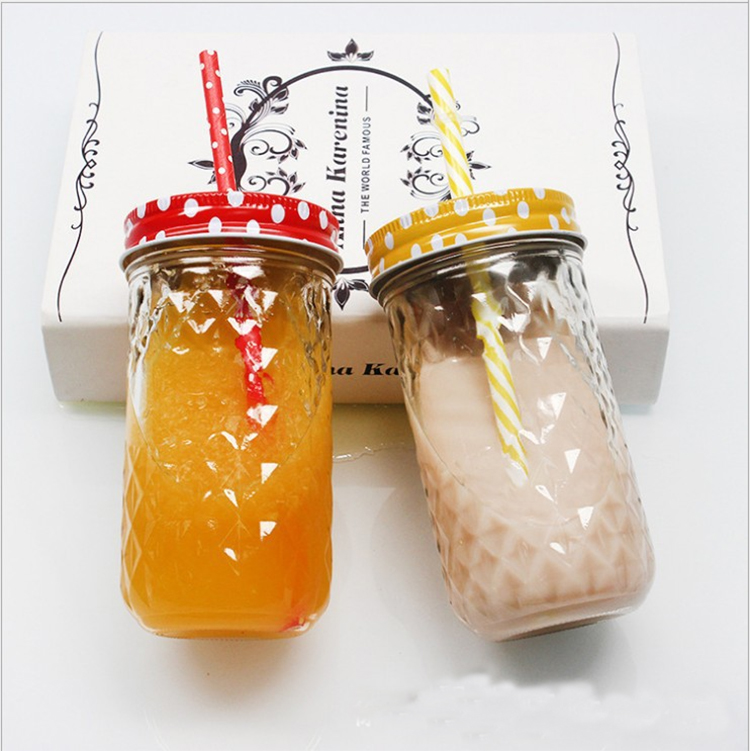 diamond pattern mason jar for coffee glass jar juice drinking jar with straw 500ml