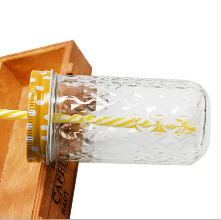 diamond pattern mason jar for coffee glass jar juice drinking jar with straw 500ml