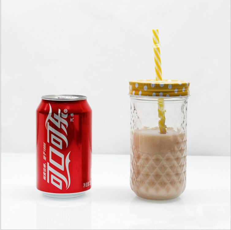 diamond pattern mason jar for coffee glass jar juice drinking jar with straw 500ml