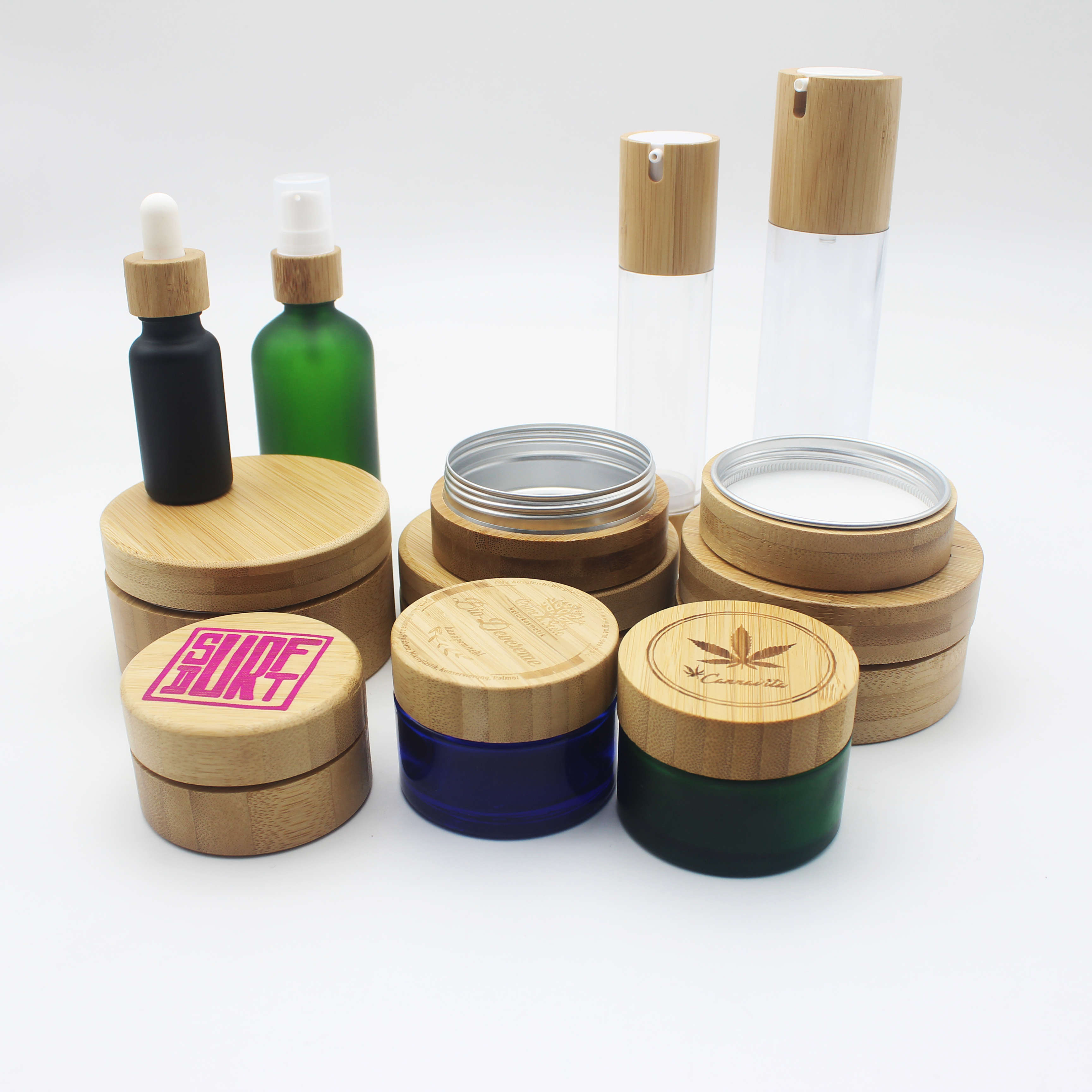 eco friendly 100g 50g green cosmetic glass jar and dropper bottle with engraving bamboo lid BP-388K