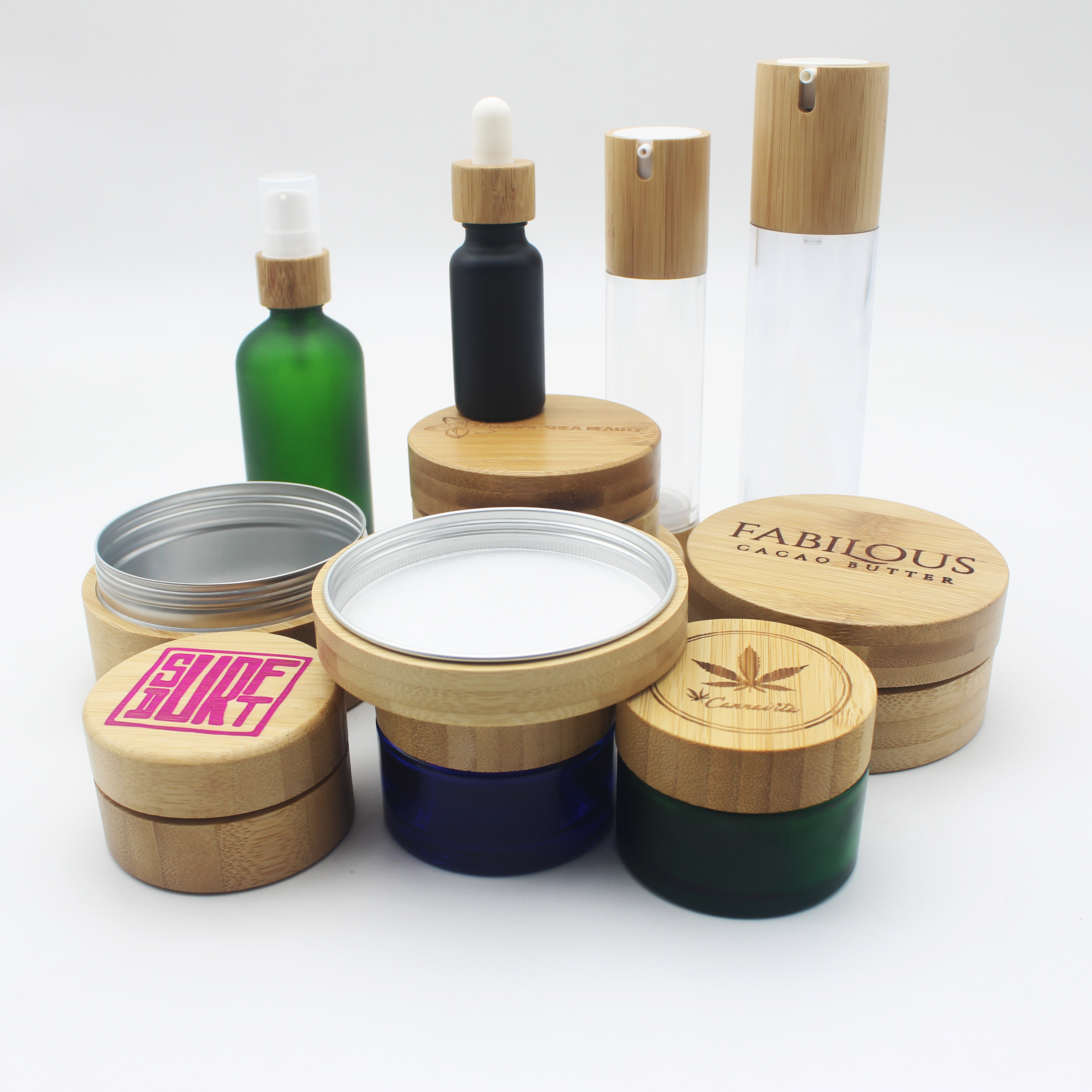 eco friendly 100g 50g green cosmetic glass jar and dropper bottle with engraving bamboo lid BP-388K