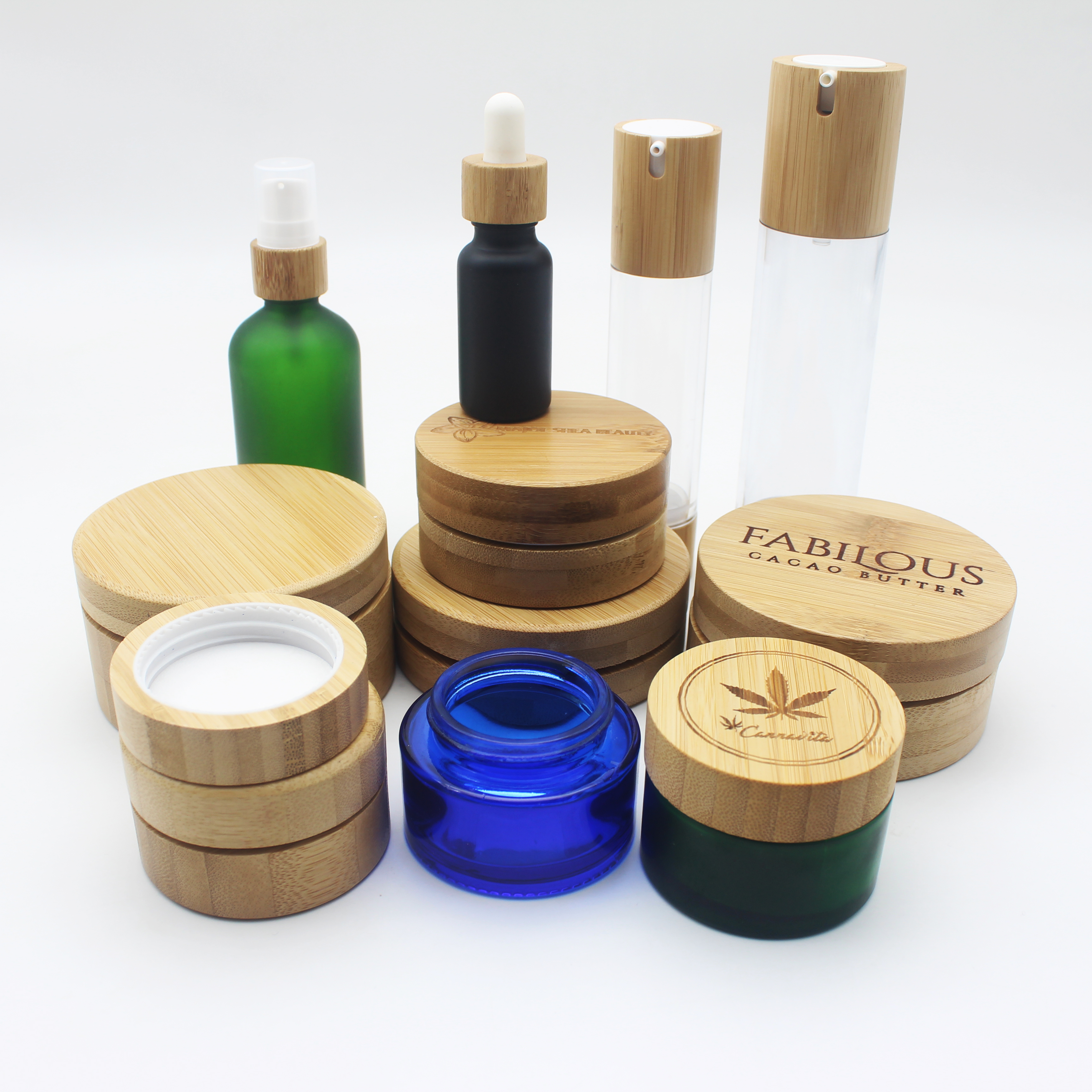 eco friendly 100g 50g green cosmetic glass jar and dropper bottle with engraving bamboo lid BP-388K