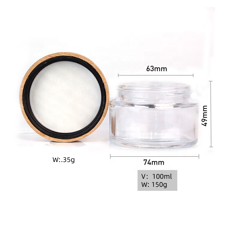 eco friendly 100ml clear round glass beauty cosmetic container jar with bamboo wood lid
