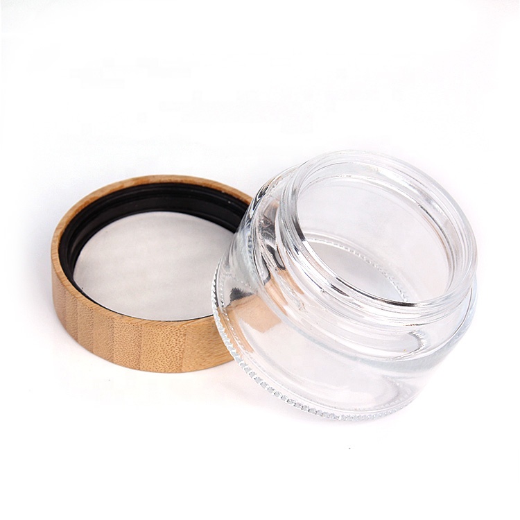 eco friendly 100ml clear round glass beauty cosmetic container jar with bamboo wood lid