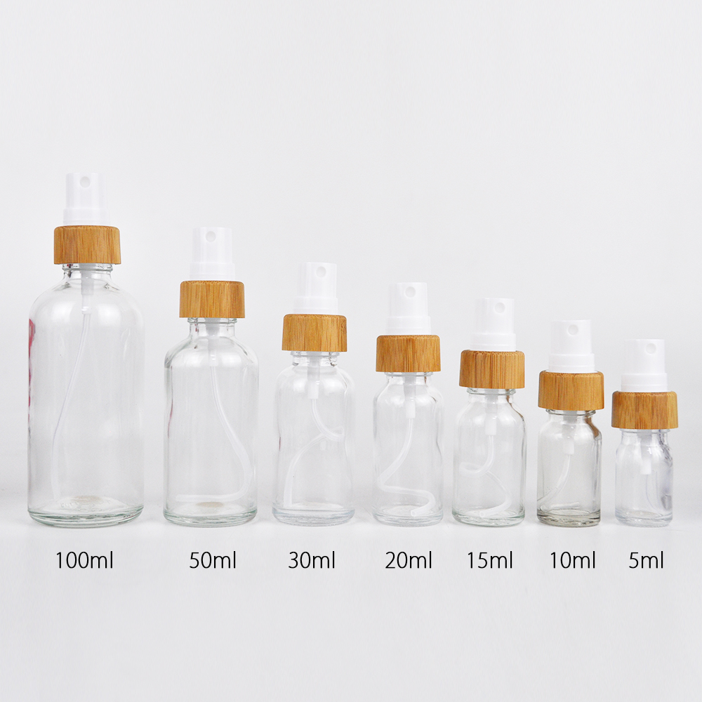 eco friendly 10ml 30ml 50ml 100ml clear amber wooden bamboo fine mist sprayer clear glass essential oil spray bottles