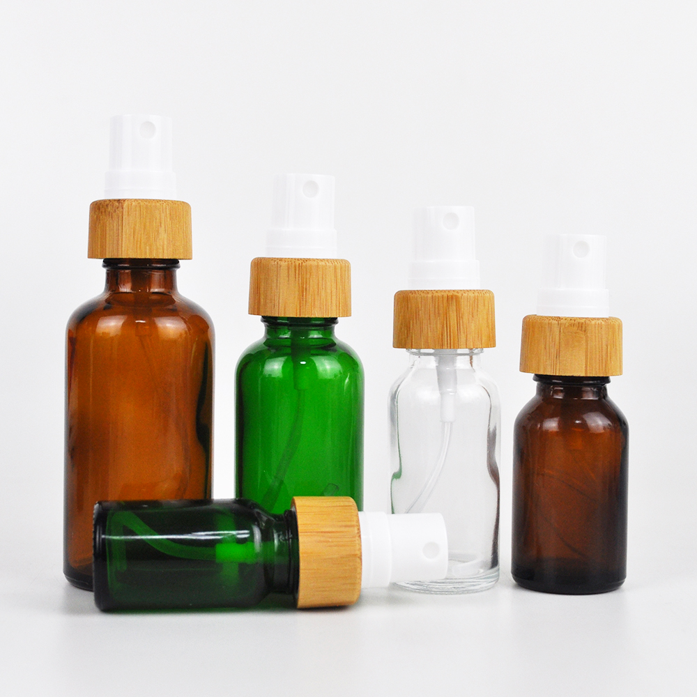 eco friendly 10ml 30ml 50ml 100ml clear amber wooden bamboo fine mist sprayer clear glass essential oil spray bottles