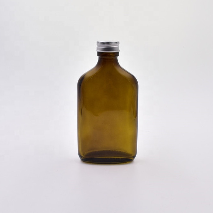 eco-friendly 200ml small portable flat oblate amber glass wine bottle for liquor vodka alcohol whiskey container with screw cap