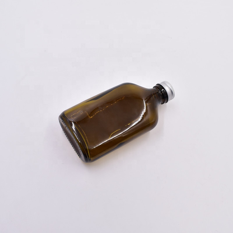 eco-friendly 200ml small portable flat oblate amber glass wine bottle for liquor vodka alcohol whiskey container with screw cap