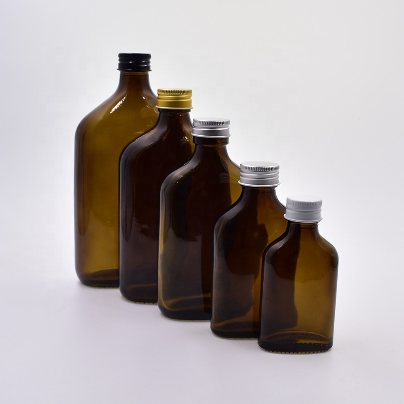 eco-friendly 200ml small portable flat oblate amber glass wine bottle for liquor vodka alcohol whiskey container with screw cap