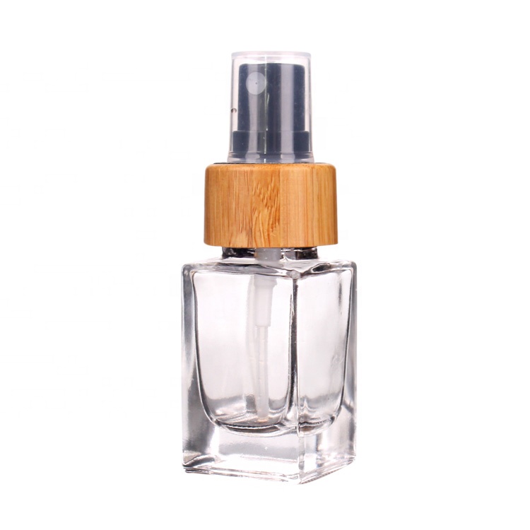 eco friendly 20ml square glass perfume fine mist spray bottle with bamboo pump sprayer