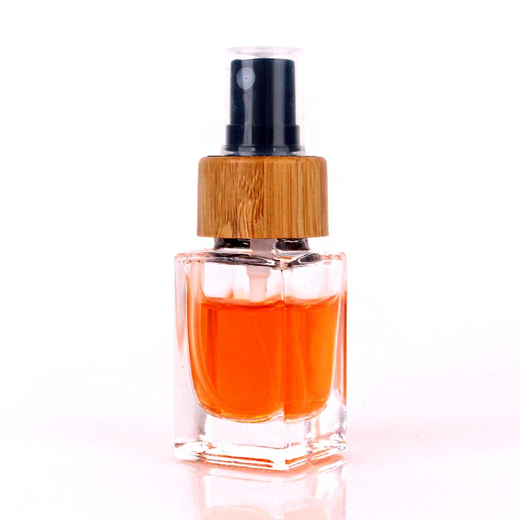 eco friendly 20ml square glass perfume fine mist spray bottle with bamboo pump sprayer