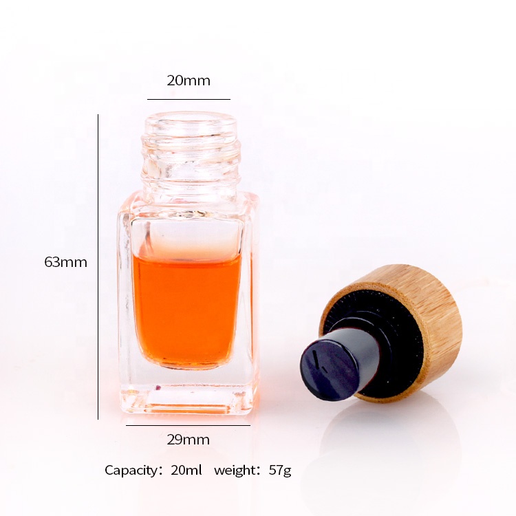 eco friendly 20ml square glass perfume fine mist spray bottle with bamboo pump sprayer