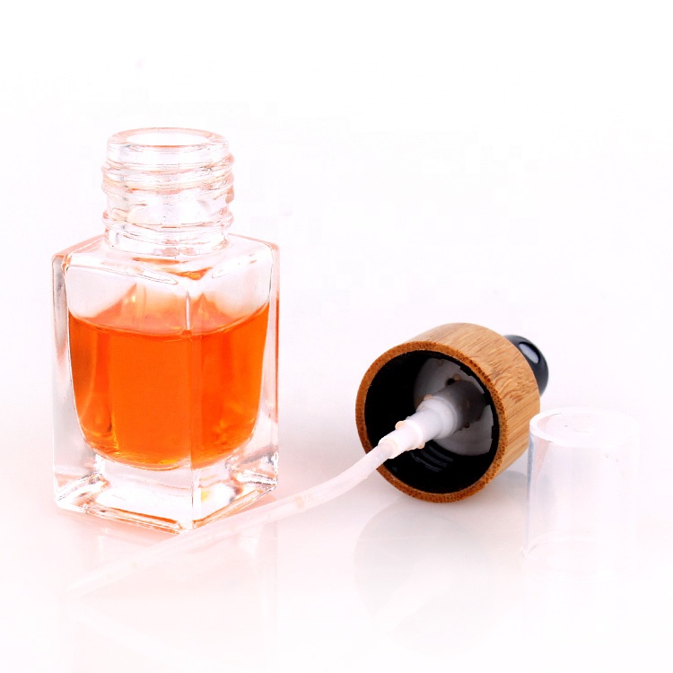 eco friendly 20ml square glass perfume fine mist spray bottle with bamboo pump sprayer
