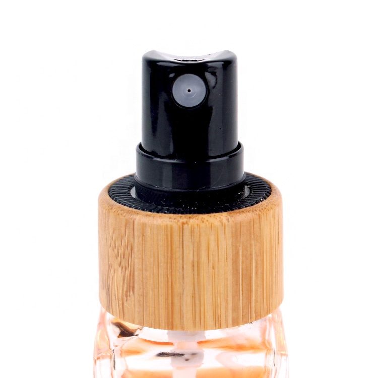 eco friendly 20ml square glass perfume fine mist spray bottle with bamboo pump sprayer