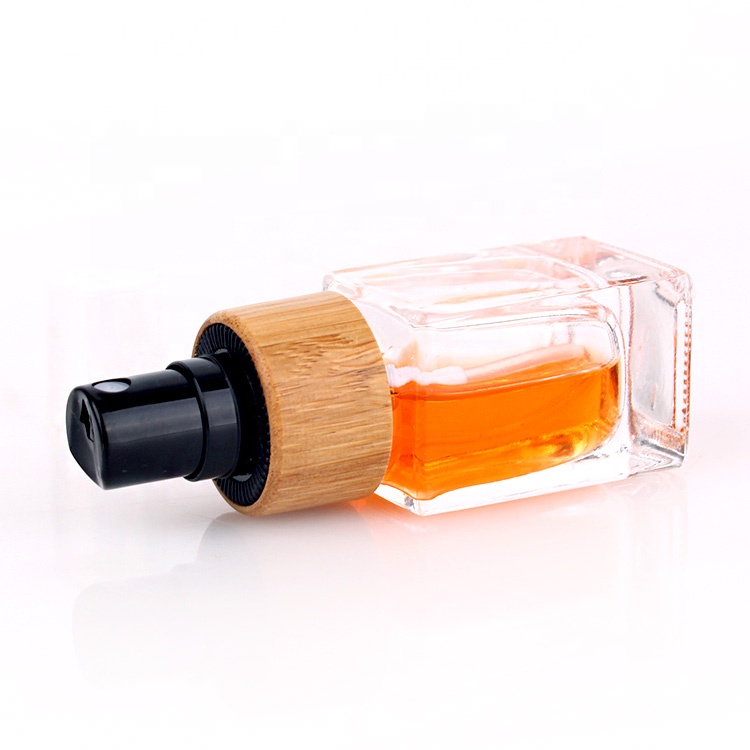 eco friendly 20ml square glass perfume fine mist spray bottle with bamboo pump sprayer