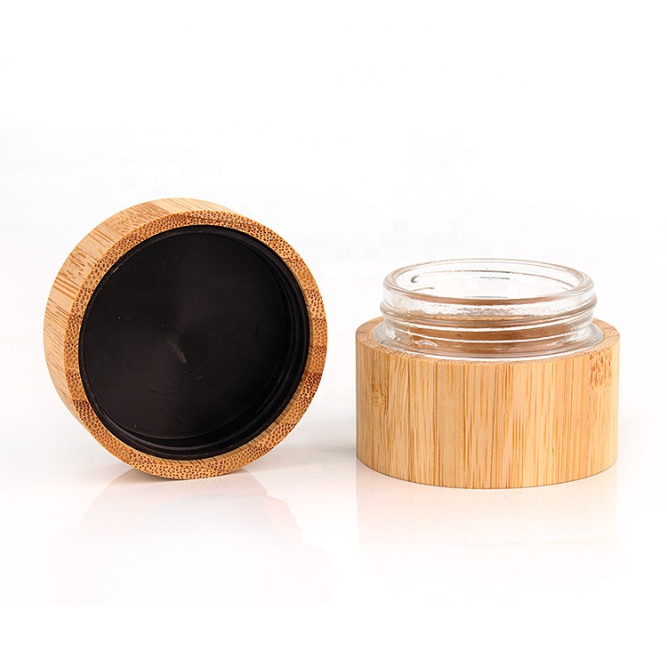 eco friendly 45ml 1.5oz round bamboo wood glass cosmetic cream container with bamboo lid