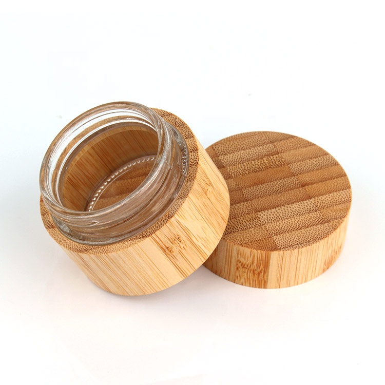 eco friendly 45ml 1.5oz round bamboo wood glass cosmetic cream container with bamboo lid