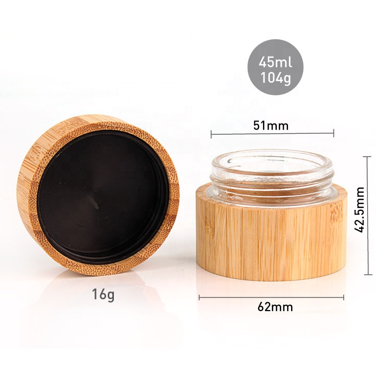 eco friendly 45ml 1.5oz round bamboo wood glass cosmetic cream container with bamboo lid