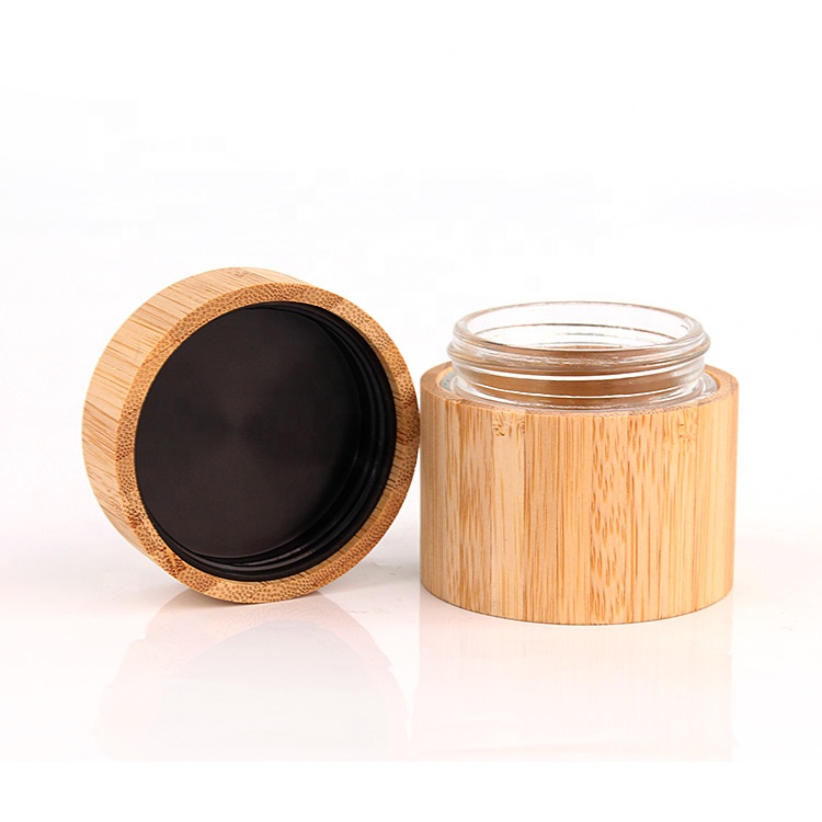 eco friendly 45ml 1.5oz round bamboo wood glass cosmetic cream container with bamboo lid