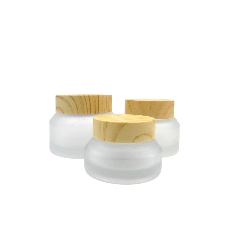 eco friendly cosmetic containers 1oz 30ml  Oblique shoulders frosted  glass cream jar with wood grain lid
